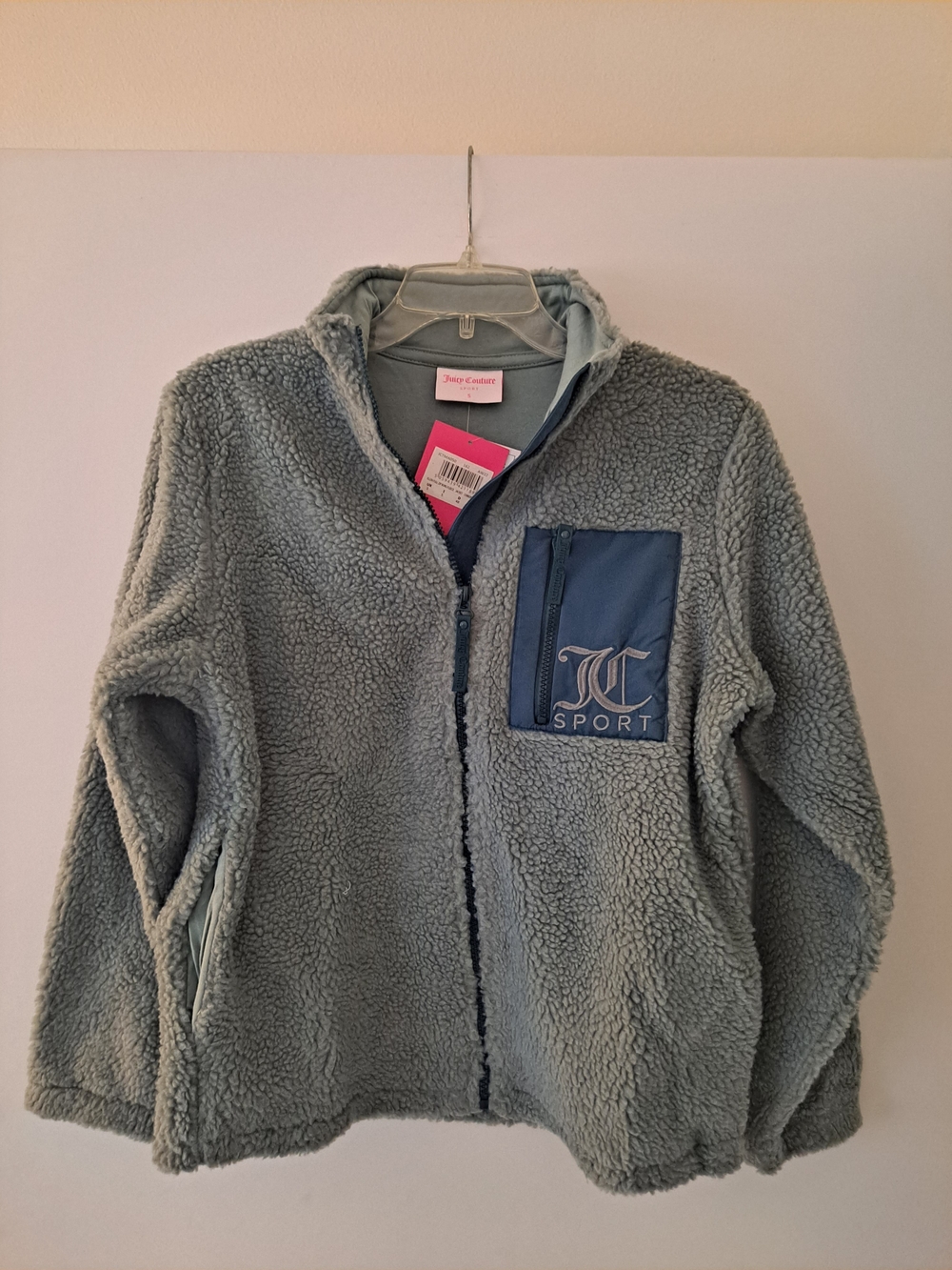 Juicy Couture Young Womens Gray Sherpa Jacket with Navy Chest Pocket